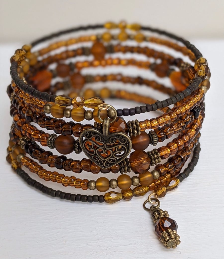 Memory Wire Bracelet in Browns and Topaz, Coiled Wrap Bangle