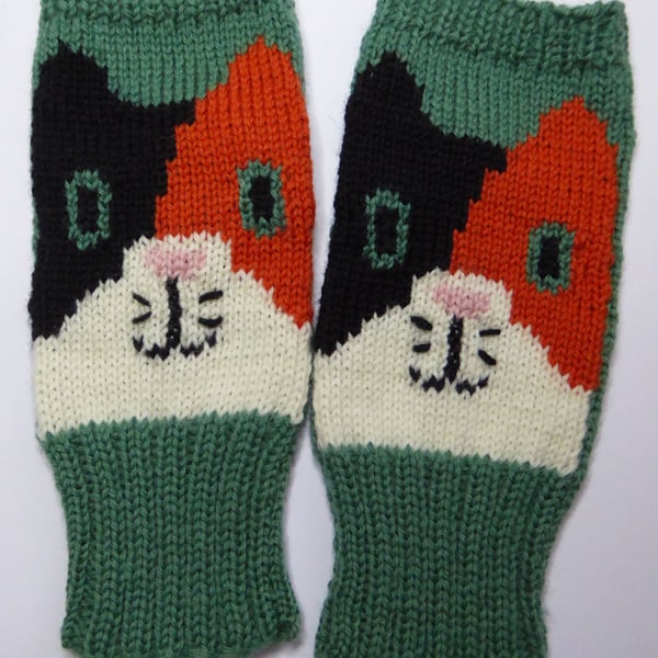 Calico Cat Wool Knit Fingerless Gloves