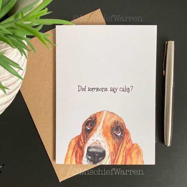 Basset hound art Card. Blank or personalised for any occasion.