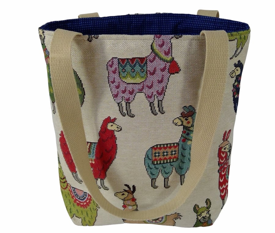 small llamas knitting tote bag, mini lined tote, small canvas shopping bag, girl