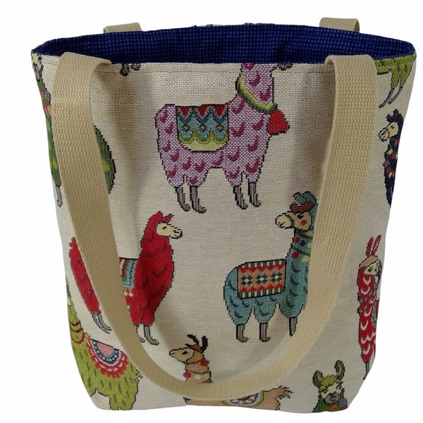 small llamas knitting tote bag, mini lined tote, small canvas shopping bag, girl