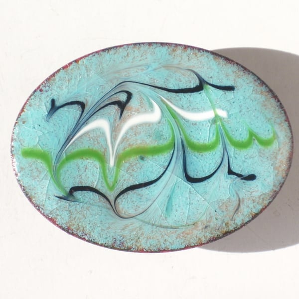 enamel brooch - scrolled blue, green, white over turquoise