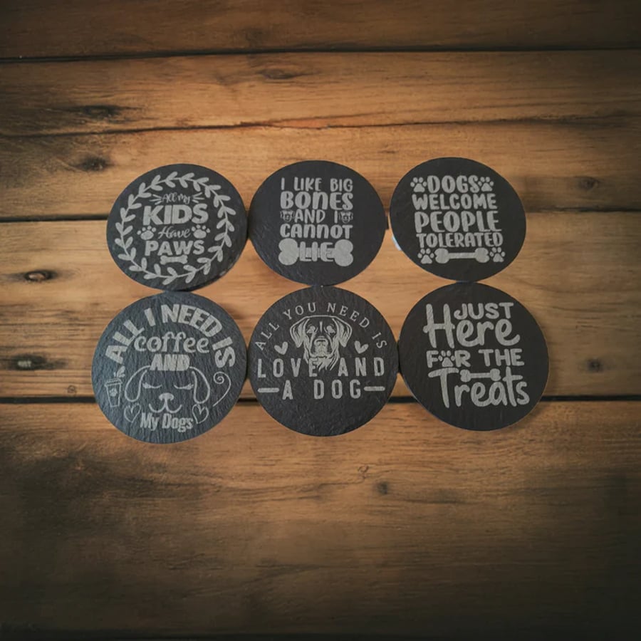 Set of 6: Dog Themed. Slate Drink Coasters. With Anti-skid Feet