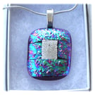 Dichroic Glass Pendant 169 Aqua Silver Square Handmade with silver plated chain