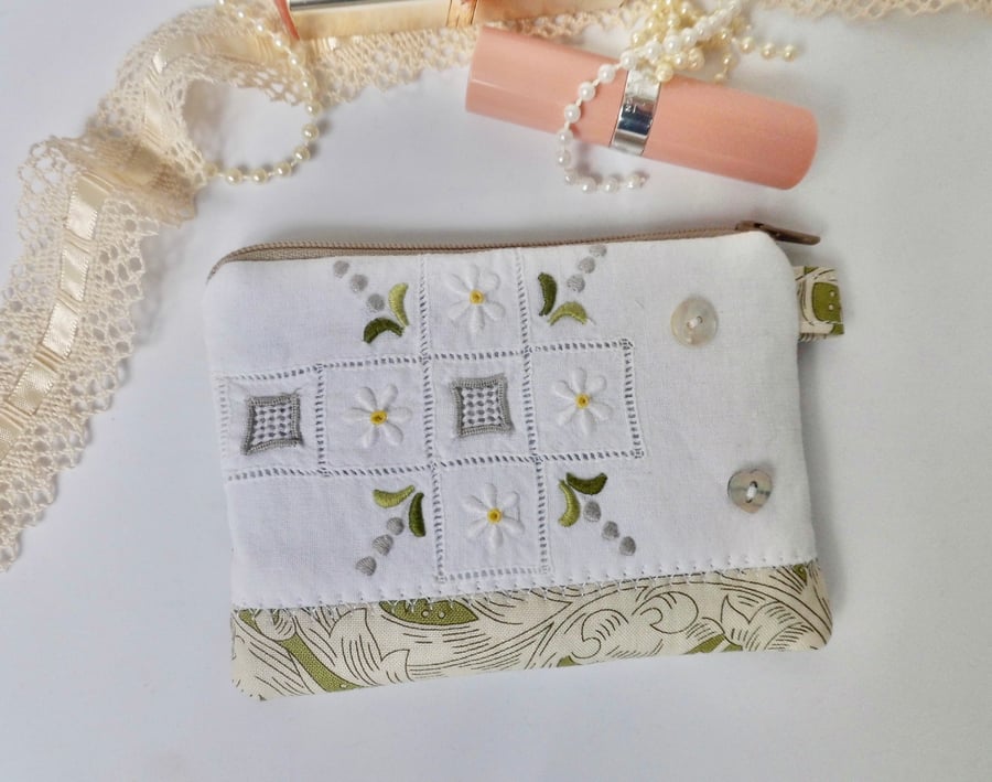 SOLD Coin purse in reclaimed embroidered cloth with green William Morris fabric
