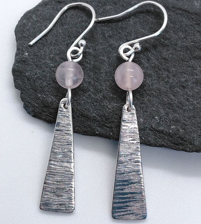 Sterling silver rose quartz earrings elongated textured triangle