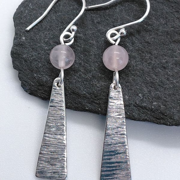 Sterling silver rose quartz earrings elongated textured triangle
