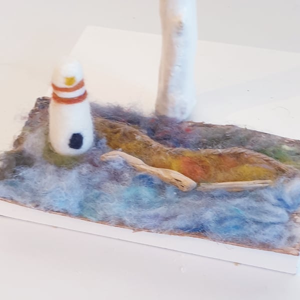 Handcrafted Needle Felted Sculpture Ornament Of A Lighthouse On a Slice Of Bark