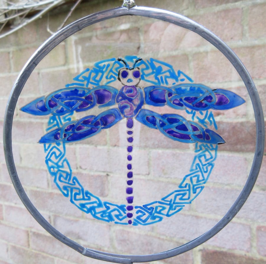 Suncatcher - Celtic Knotwork Dragonfly with knotwork ring in blues - Medium