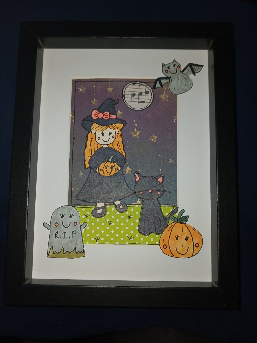 Quirky art, cute halloween original art cute witch and black cat framed art art