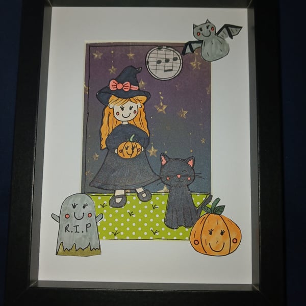 Quirky art, cute halloween original art cute witch and black cat framed art art