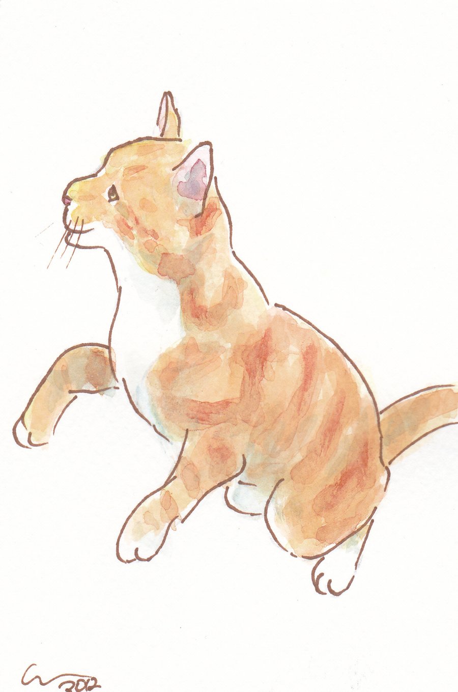 OSWOA Cat Leap Original Watercolour & Ink Painting 4x6 OOAK