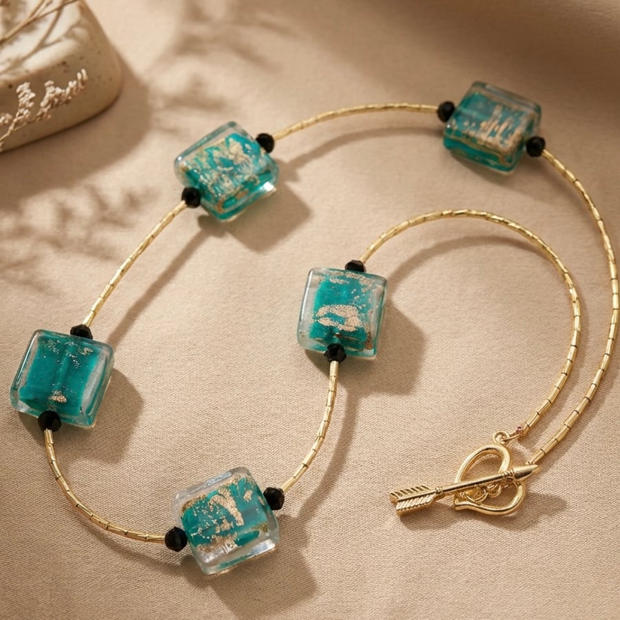 Gold and Green Vintage Murano Glass Necklace