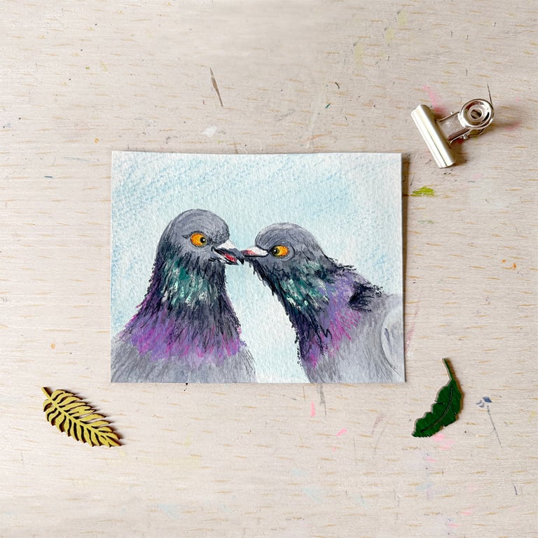 Original Pigeon Couple 2 Painting - Mixed Media - One of a kind