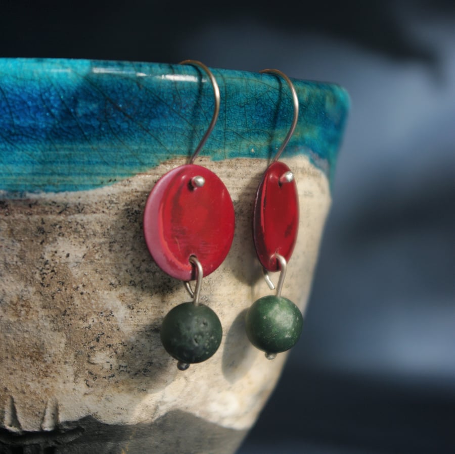 Red Copper  and Matt Green Agate Dangle Earrings