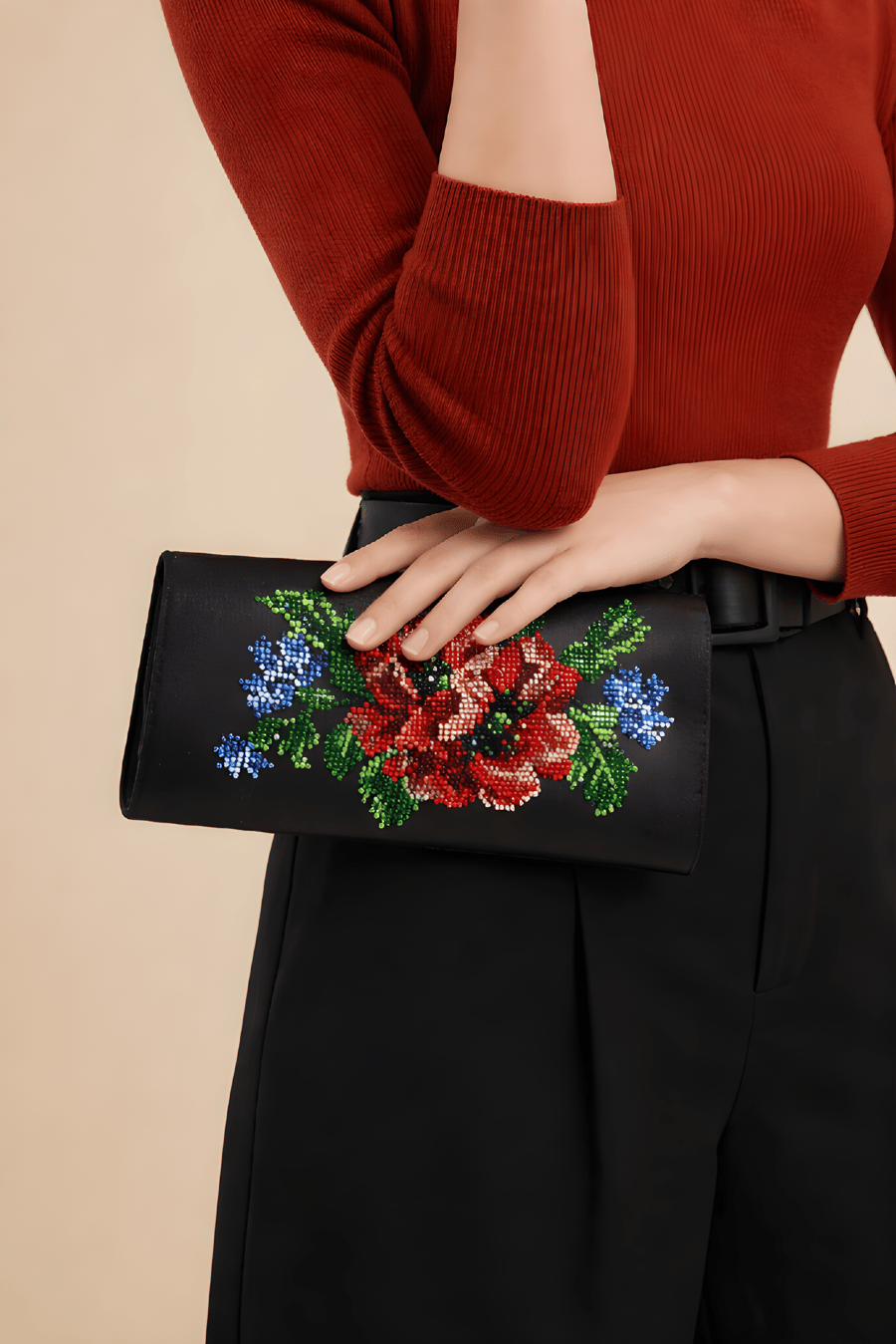 Beaded Red Poppy Evening Clutch Bag, Hand Embroidered Floral Wristlet