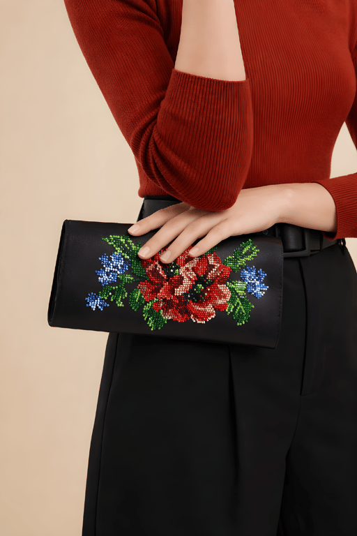 Beaded Red Poppy Evening Clutch Bag, Hand Embroidered Floral Wristlet