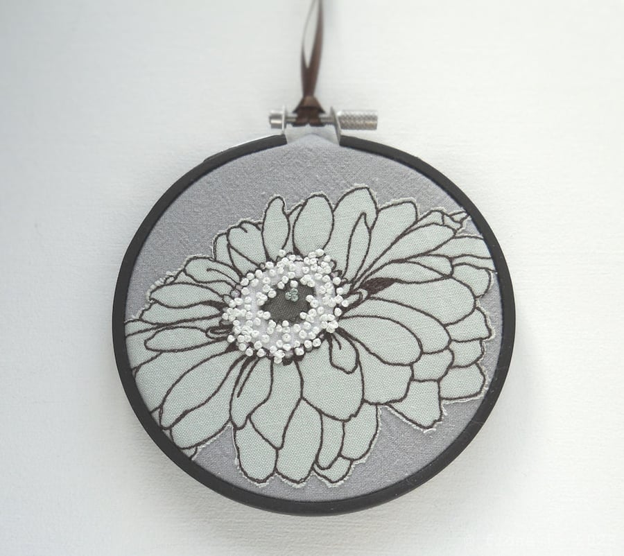 free motion and hand embroidered floral textile hoop original art green