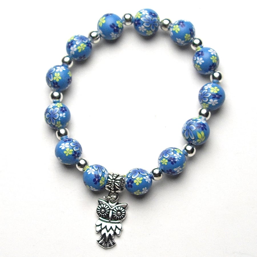 Blue Floral Polymer Bead Bracelet With Owl Charm