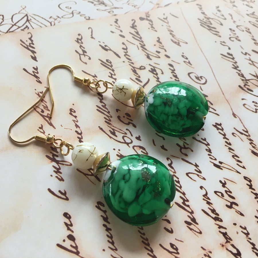 Green Murano Glass gold plated dangle earrings.