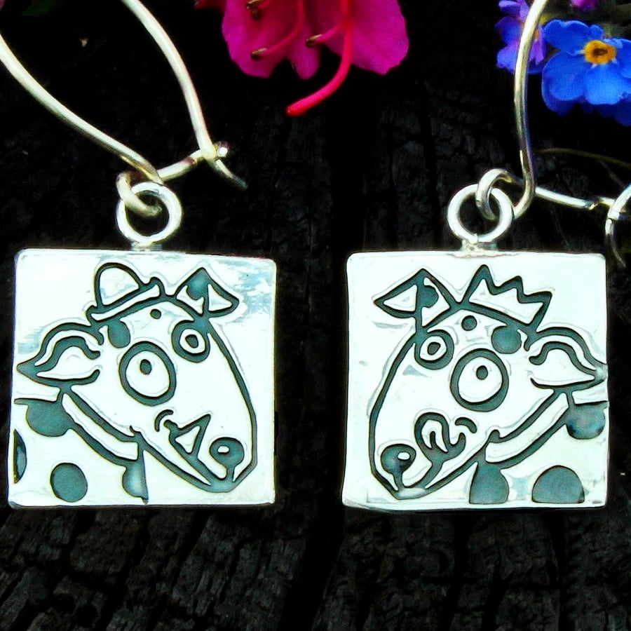 Dog earrings, silver dog earrings, hallmarked, dogs with hats small