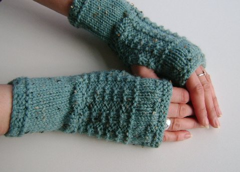 Fingerless Gloves Mittens Wrist Warmers in Duck Egg Blue Aran Wool