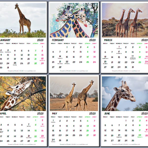 Giraffe Art Calendar 2023 Each Page A4 size 