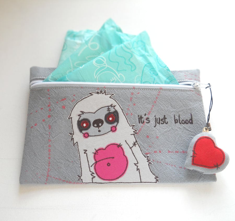 freehand embroidered zombie sloth purse pouch case