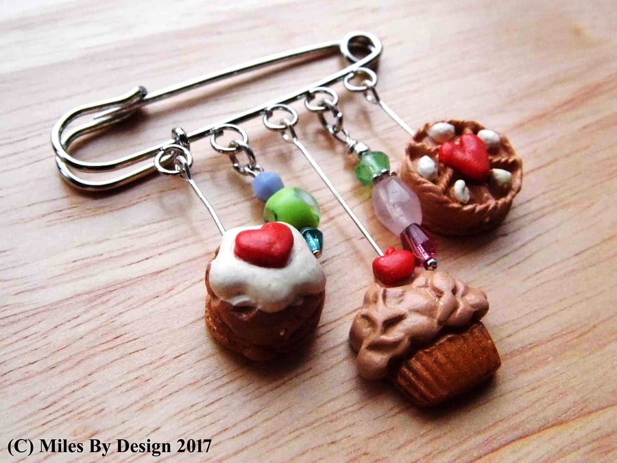 Kilt Pin Brooch with Handmade Polymer Clay Charms
