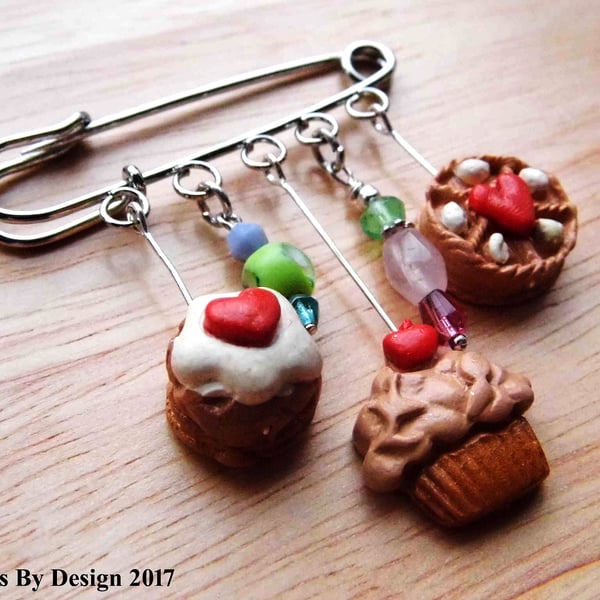 Kilt Pin Brooch with Handmade Polymer Clay Charms