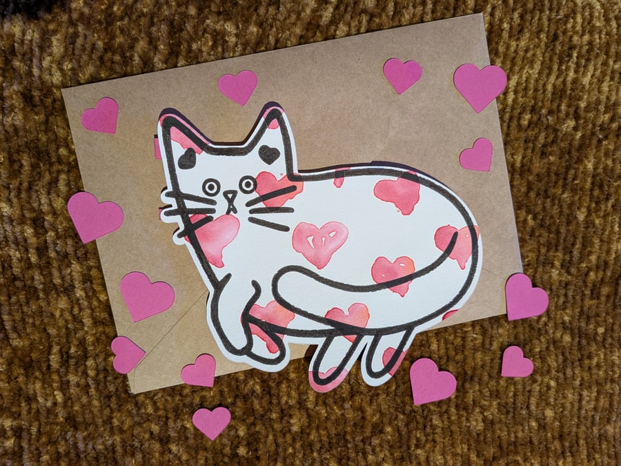 Valentines Cat card hand painted watercolour shaped greeting card love hearts