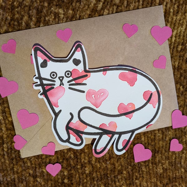 Valentines Cat card hand painted watercolour shaped greeting card love hearts