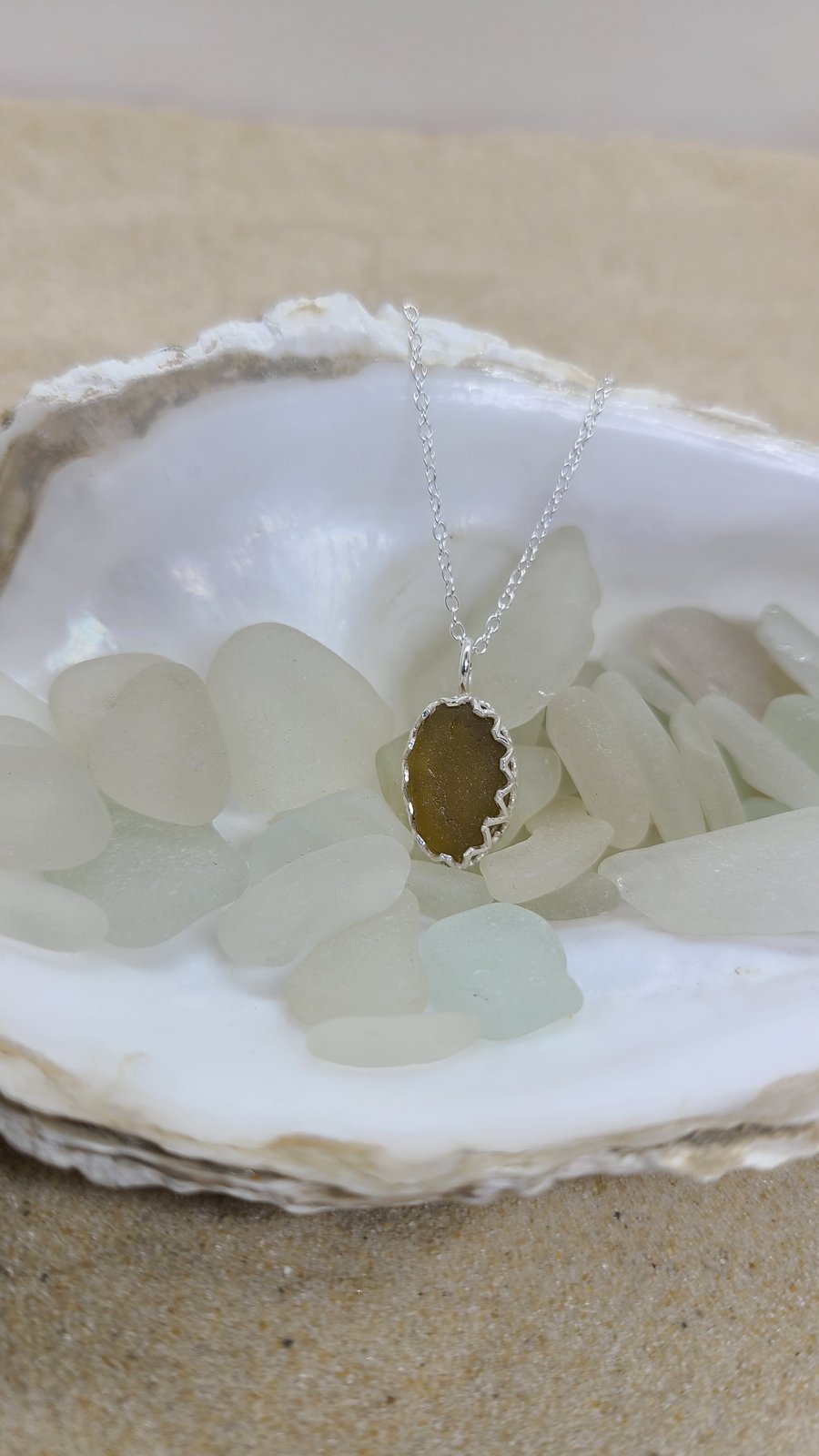 Honey amber sea glass silver pendant P7