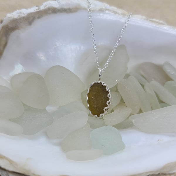 Honey amber sea glass silver pendant P7
