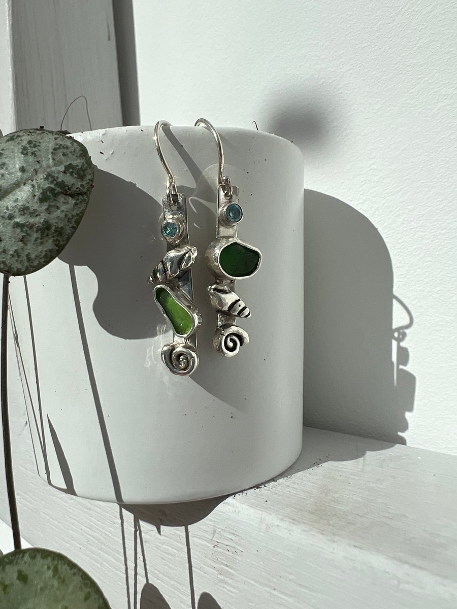 Marine drops with Cornish sea glass and silver clay