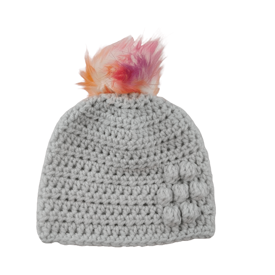 Light grey baby crocheted hat white faux fur pompom with orange purple & pink 