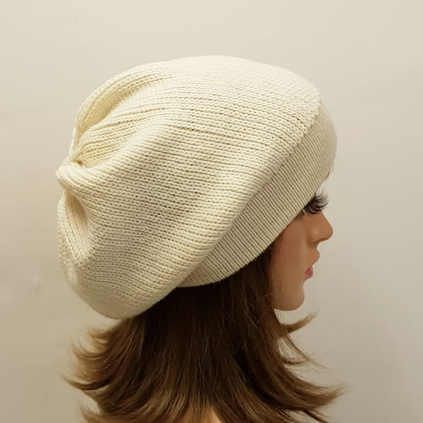 Off white alpaca blend baggy beret, fall tam, slouchy beanie hat for women