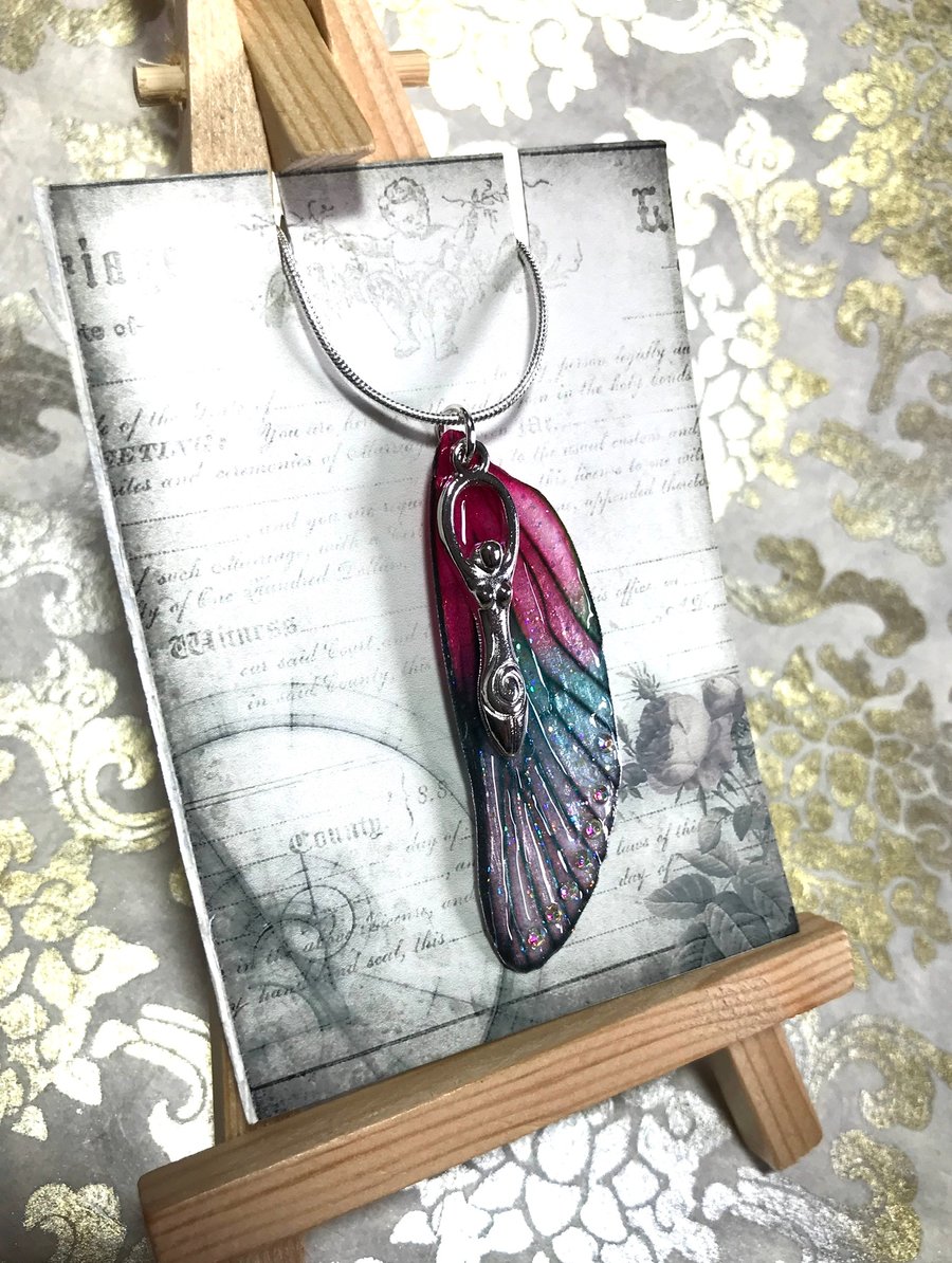 Pink Goddess Sterling Silver Aurora Borealis Fairy Wing Necklace