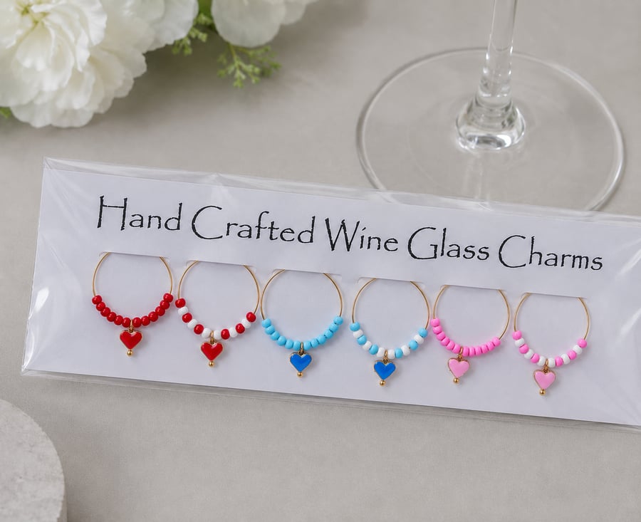 Colourful Heart Wine Glass Charms - set of 6
