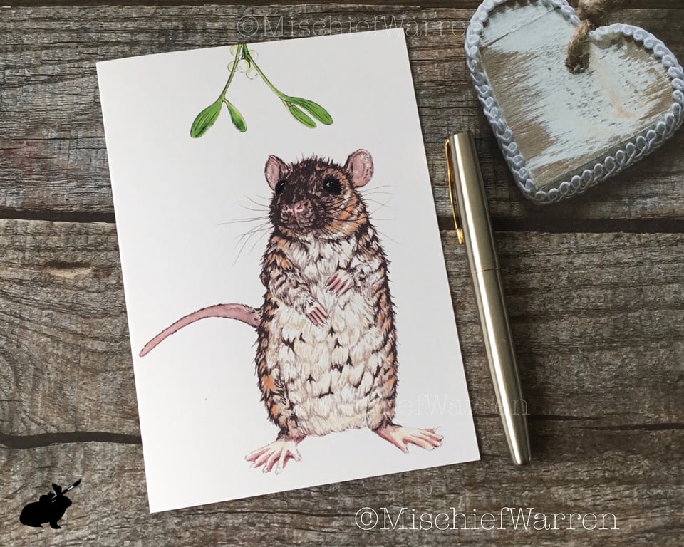 Rat Christmas Card. Pet rat handmade Christmas card.