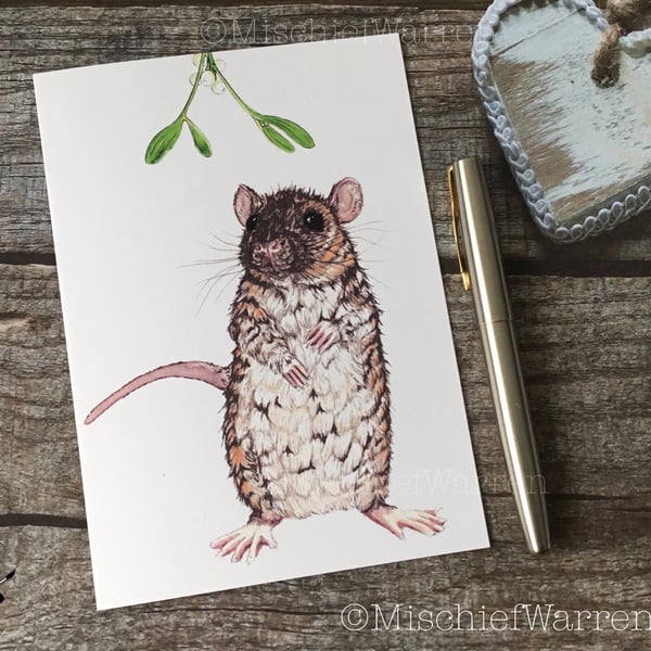 Rat Christmas Card. Pet rat handmade Christmas card.
