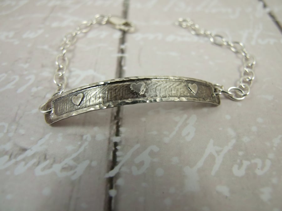 Sterling Silver Bracelet, Hand Forged and Etched with Tiny Hearts