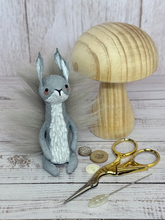 Spun Cotton Grey Squirrel Miniature Art Doll