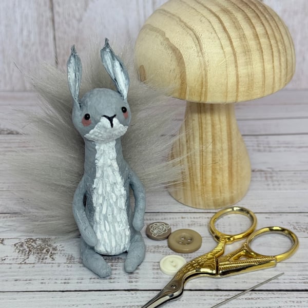 Spun Cotton Grey Squirrel Miniature Art Doll