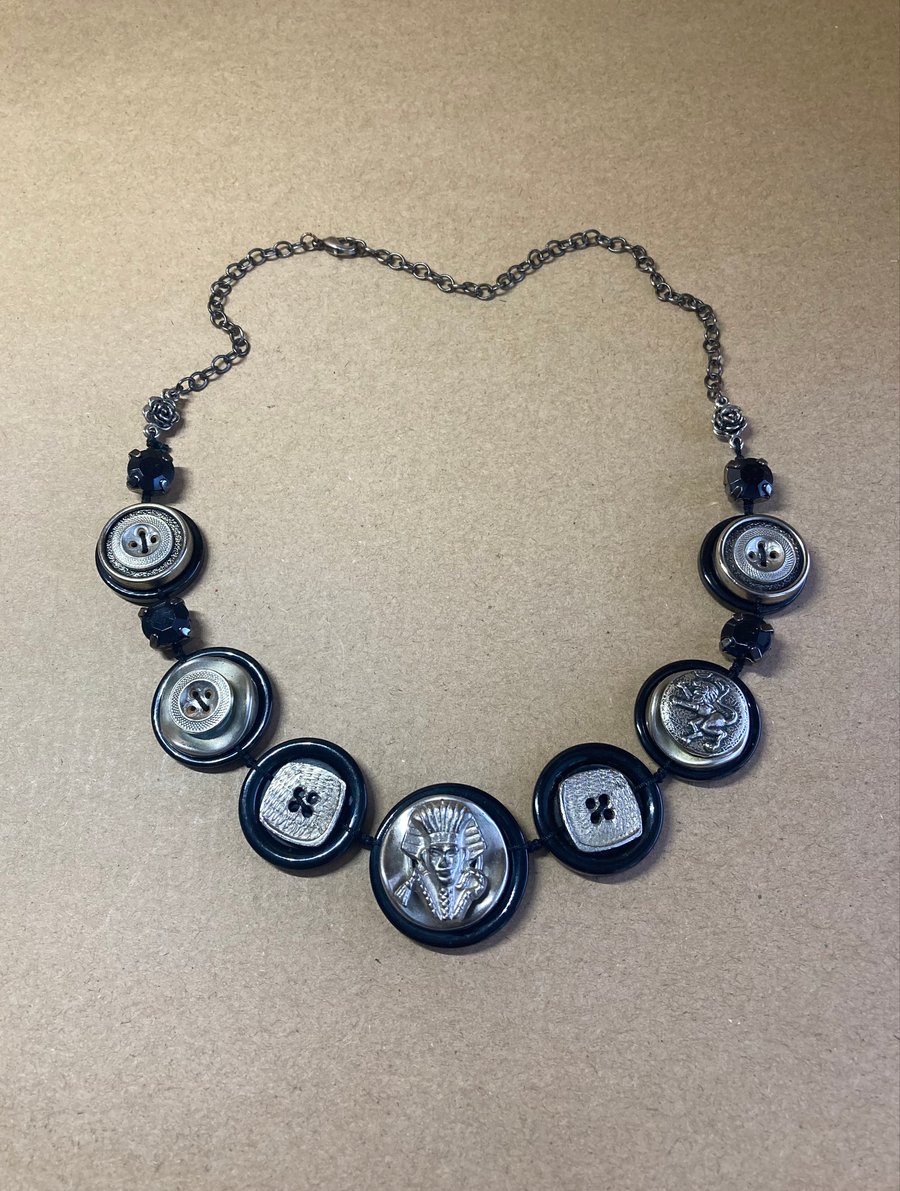 Egyptian inspired Tutankhamun Vintage Button Upcycled Necklace - One of a Kind 
