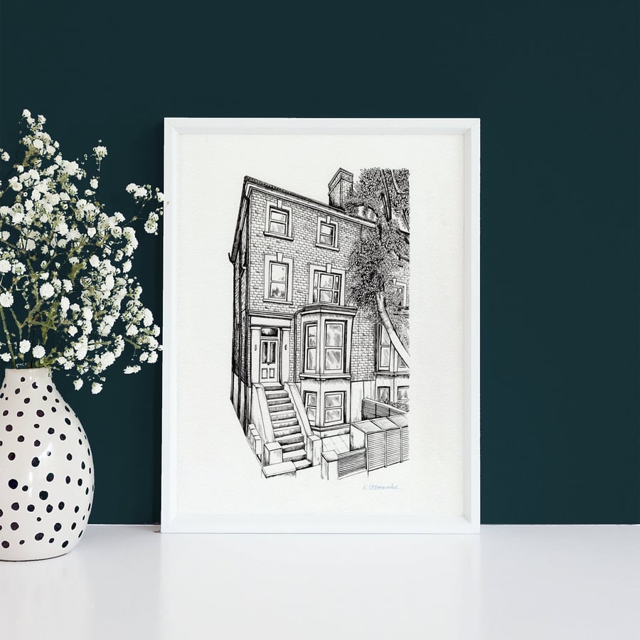 Medium Custom House Illustration- Black & White House Portrait- A4 Size