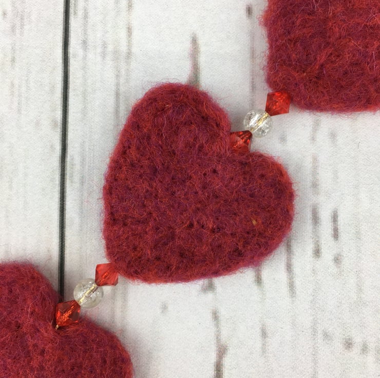 Red needle felted heart garland SALE Folksy