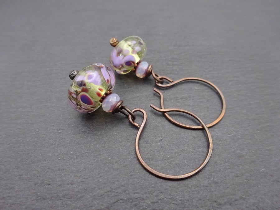 copper earrings, purple and green lampwork glass jewellery
