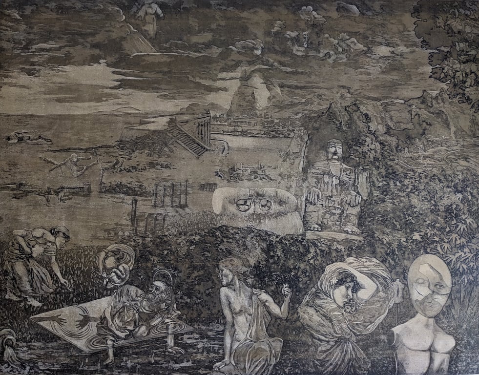 Echoes of the past, aquatint with etching and gold varnish, on paper, signed