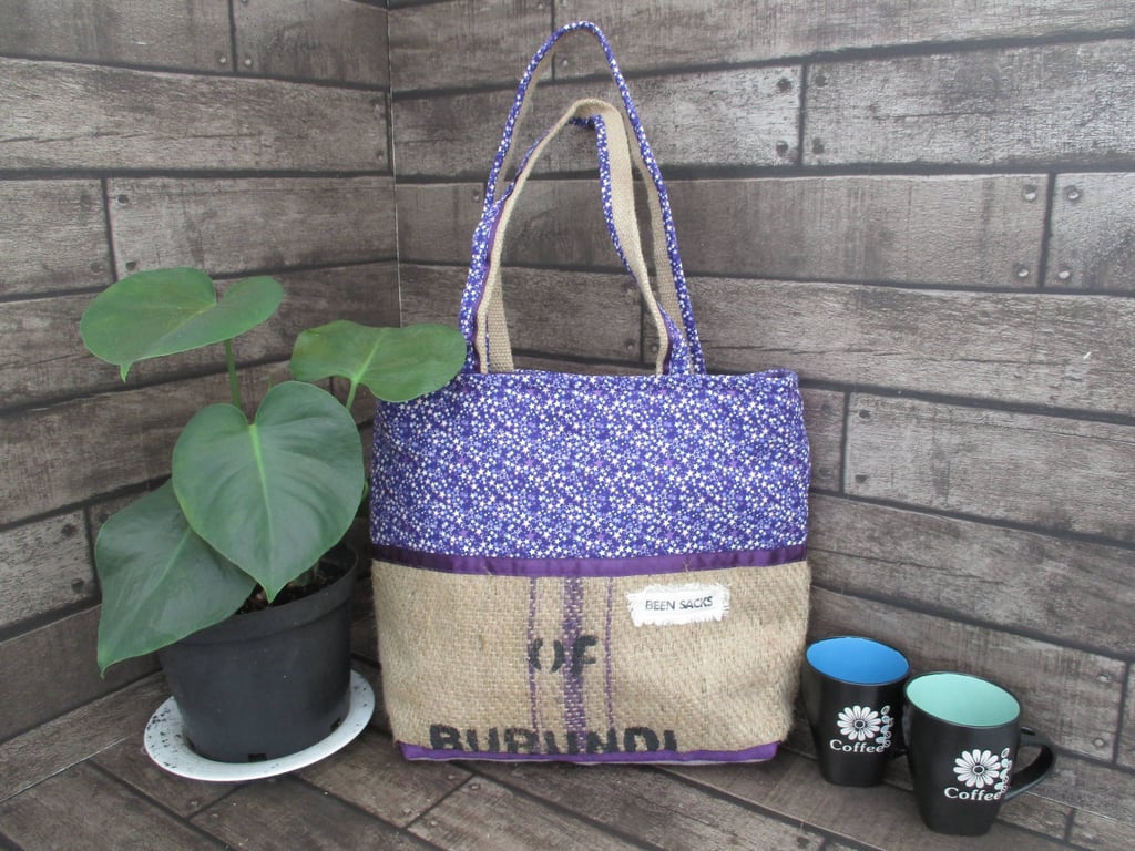 Eco-Friendly Tote Bag - Handmade from Upcycled Materials - Purple ditsy print